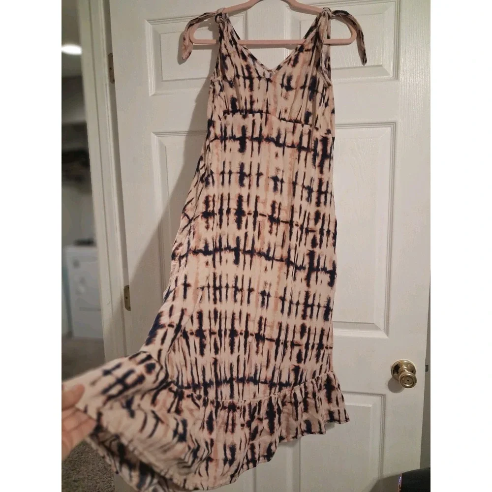 Boho 100% Cotton Tie Dye Midi Dress Tie Shoulder Ruffle Hem Fall Layering Small